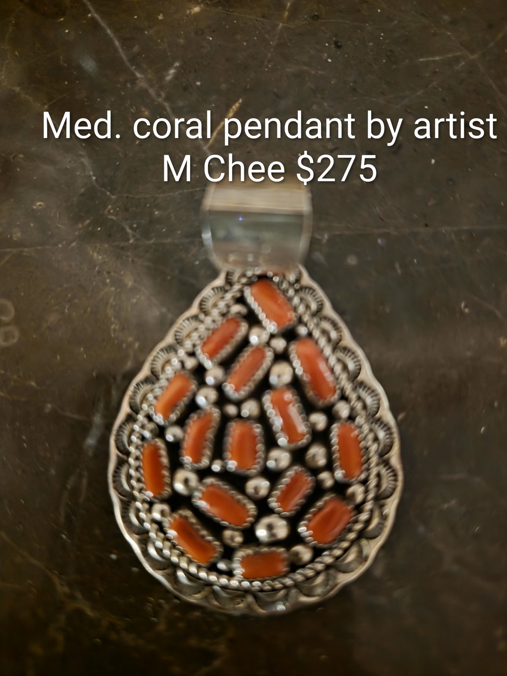Coral Teardrop Pendant - Orange Coral on Silver